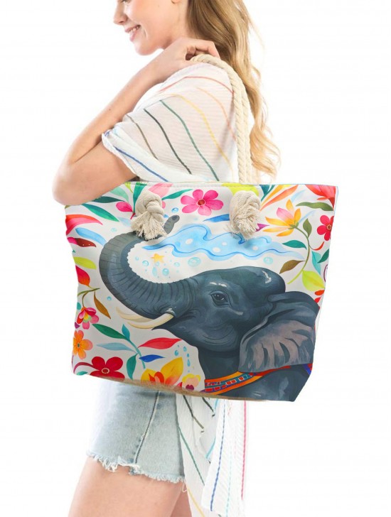 Canvas Elephant Print Shoulder Tote